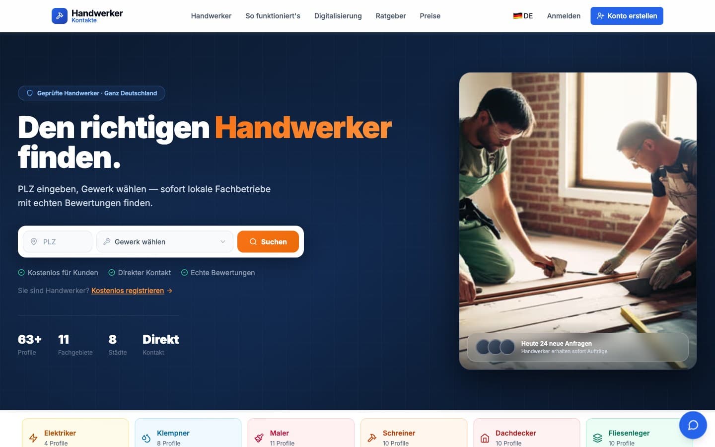 Handwerker Kontakte — German craftsman marketplace platform built by VibeProcess